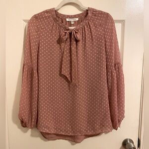 Size S Pale Pink Black Rainn Polka Dot Blouse With a Bow and Half Balloon Sleeve